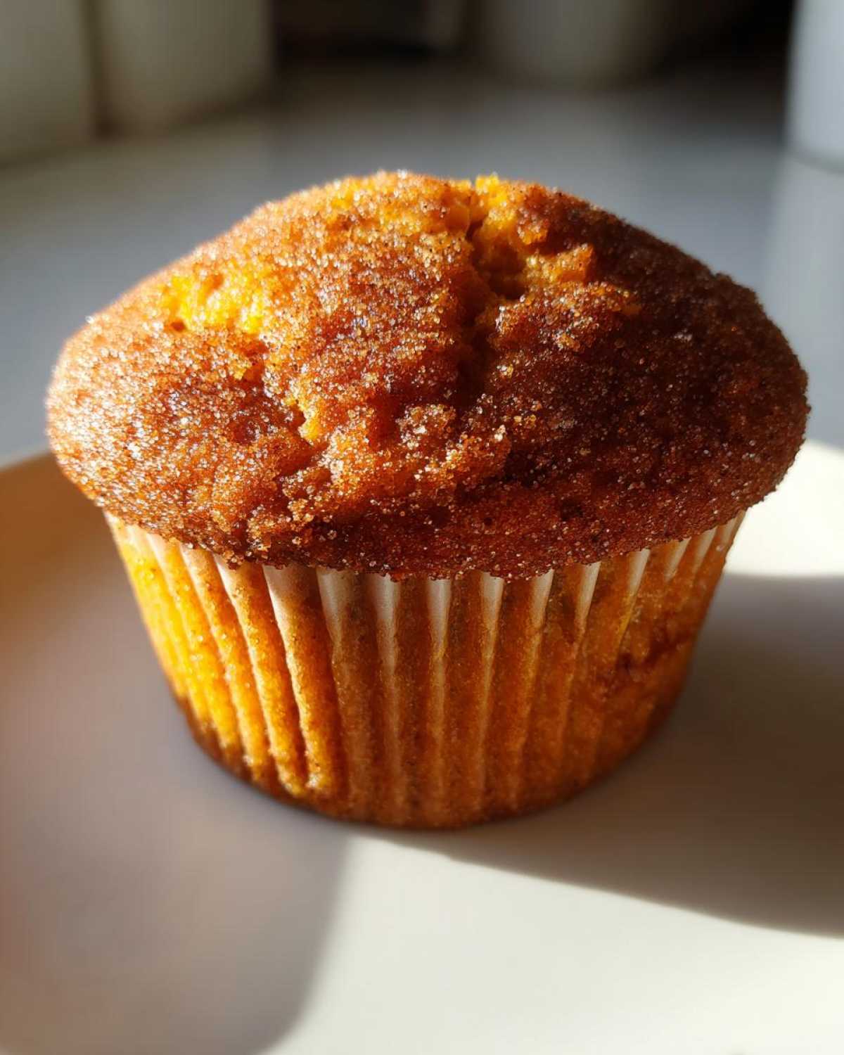 A single, perfectly baked sweet potato muffin topped with sparkling cinnamon sugar, sitting on a white plate.