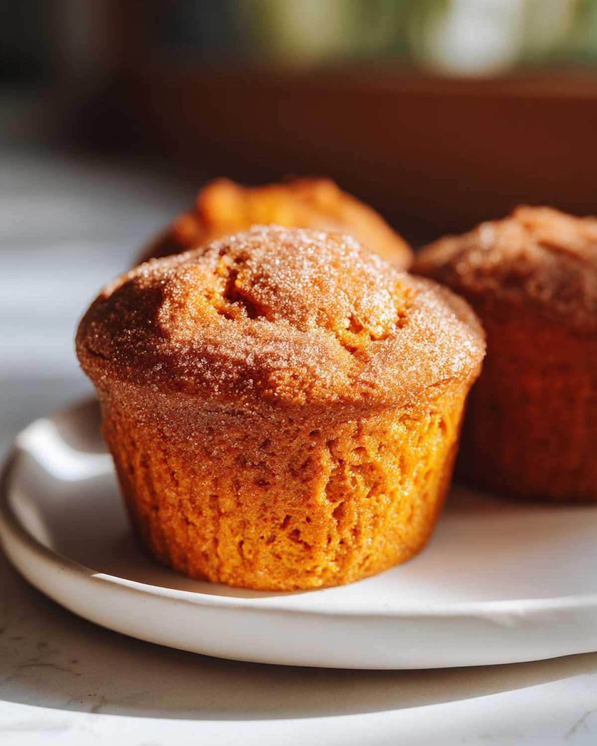 A close-up of a freshly baked sweet potato muffin topped with cinnamon sugar, sitting on a white plate.
