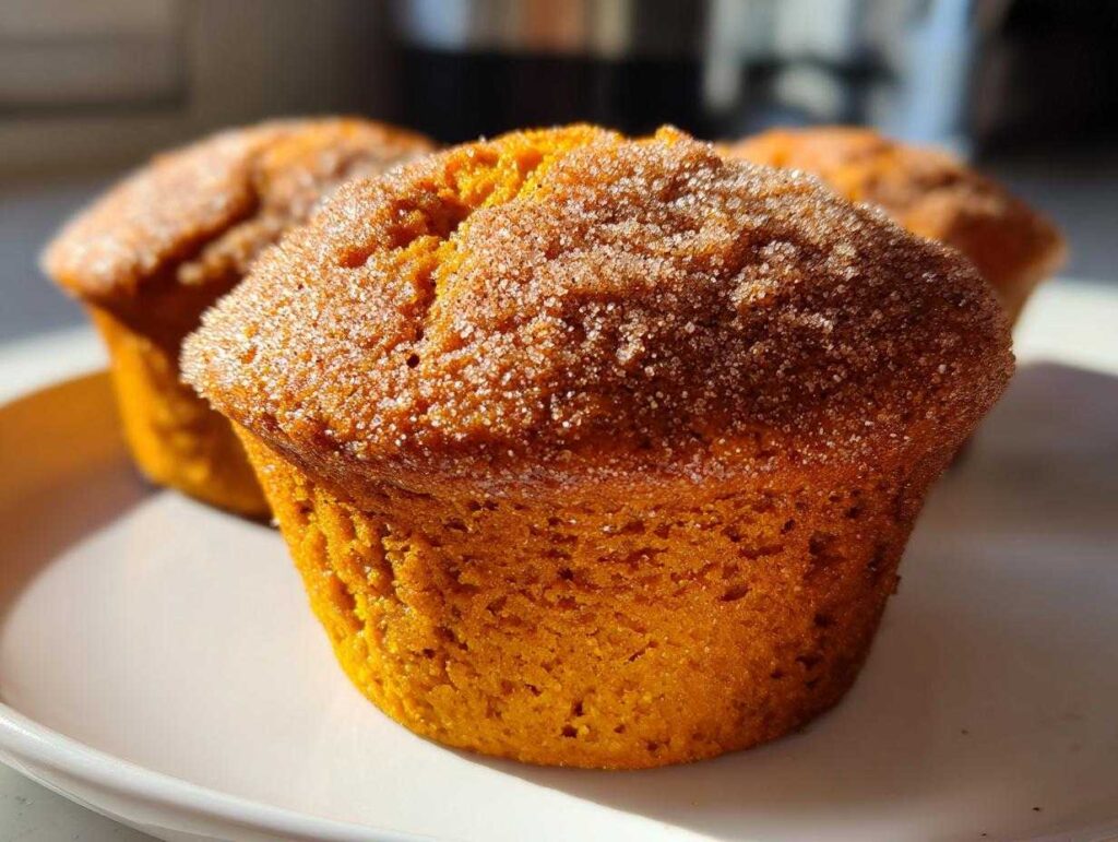 Close-up of a moist, orange sweet potato muffins topped with sparkling cinnamon sugar.