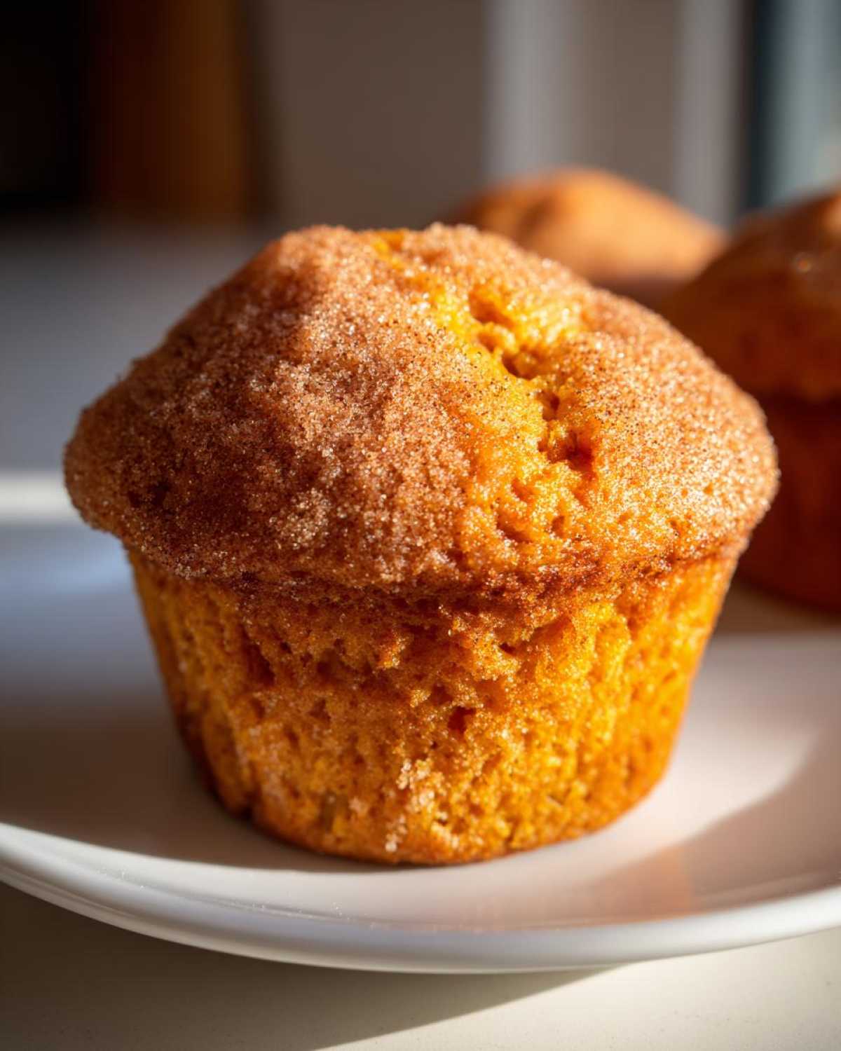 A close-up of a freshly baked sweet potato muffin topped with a cinnamon sugar coating, sitting on a white plate.
