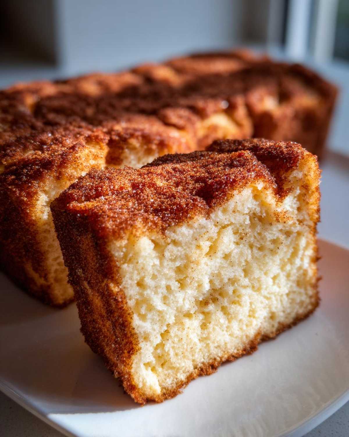 A close-up shot of a slice of fluffy french toast muffins with a thick, sugary, cinnamon topping.