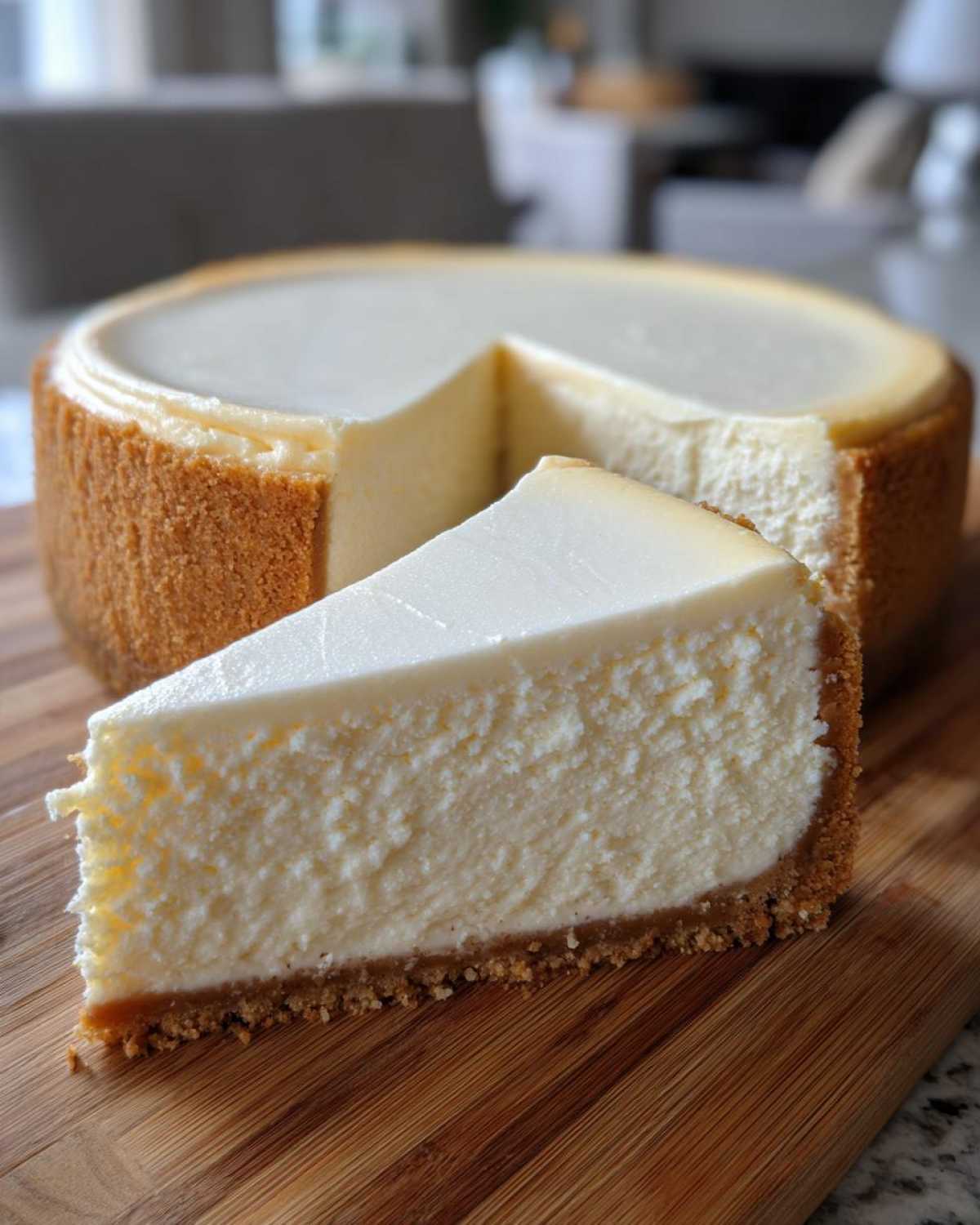 A creamy slice of classic cheesecake recipe with a thick graham cracker crust, set against the whole cake.