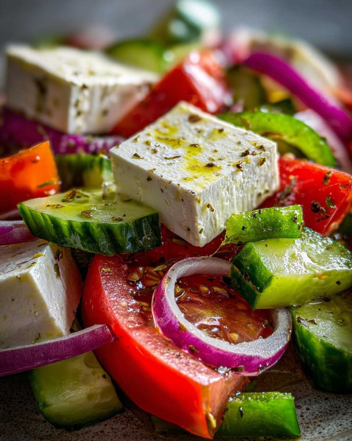 Close-up macro shot of a vibrant greek salad featuring large cubes of feta cheese drizzled with olive oil, tomatoes, cucumbers, and red onion.