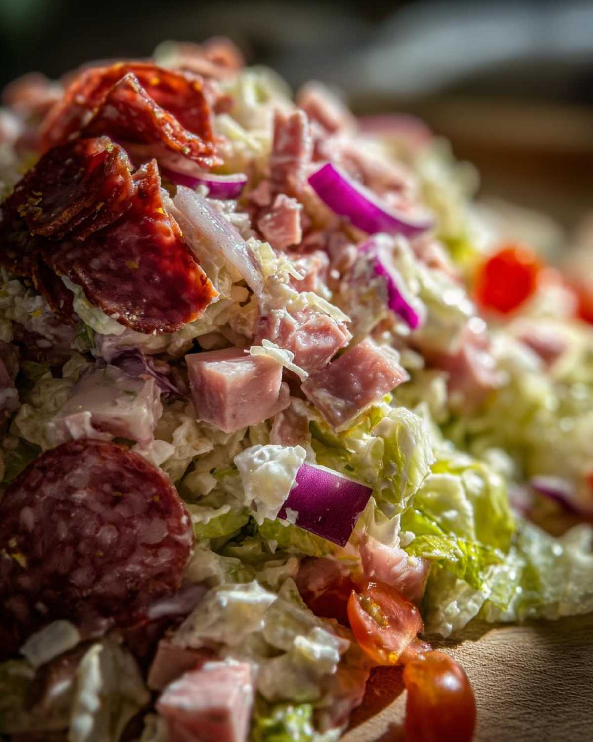 A close-up, vibrant photo of a hearty grinder salad featuring chopped lettuce, diced ham, salami, red onion, and cherry tomatoes.
