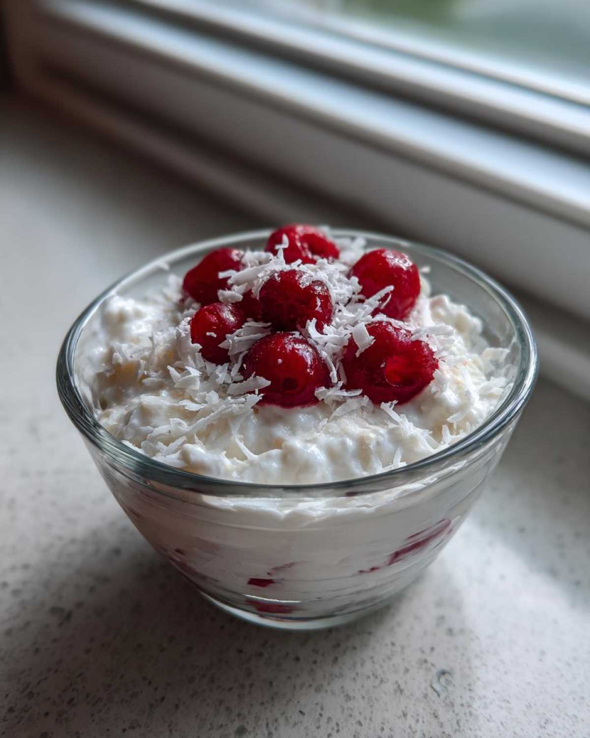A serving of creamy coconut chia pudding topped with bright red berries and shredded coconut flakes.