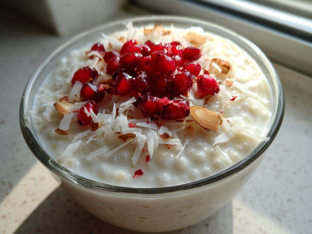 Close-up of creamy coconut chia pudding topped with bright red pomegranate seeds and shredded coconut.
