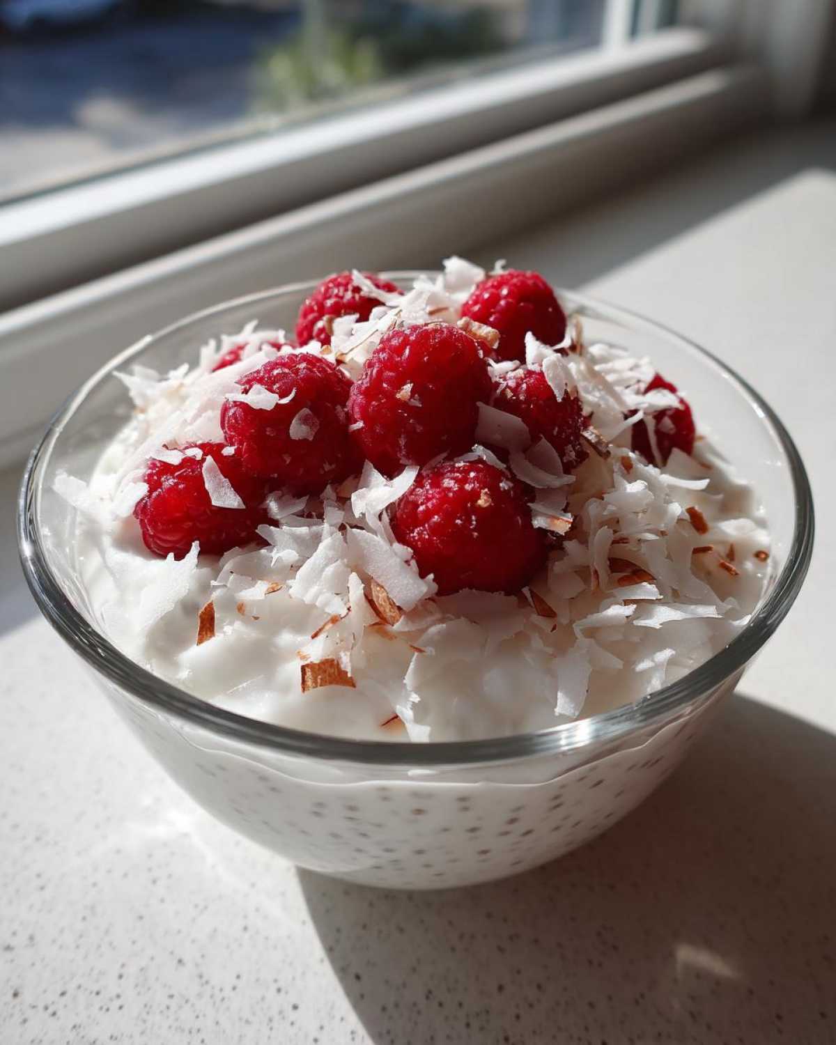 Close-up of coconut chia pudding topped with fresh raspberries and toasted coconut flakes.