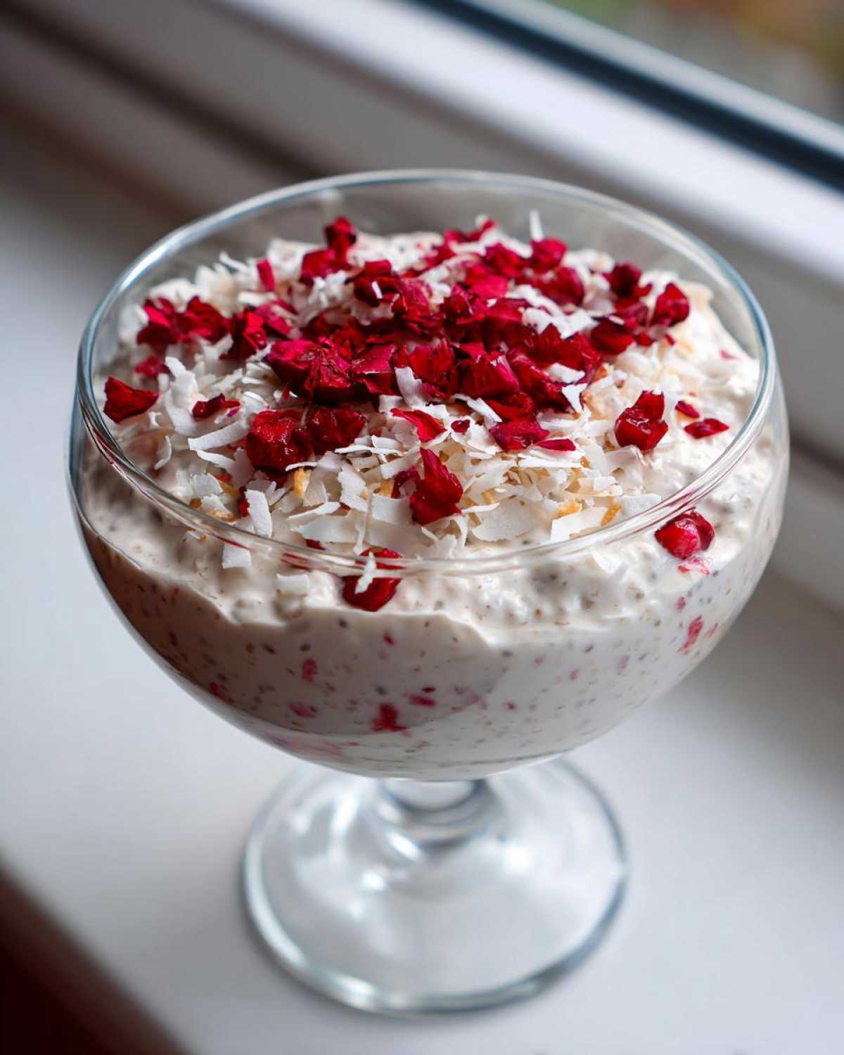 A serving of creamy coconut chia pudding topped with toasted coconut flakes and bright red dried berries.