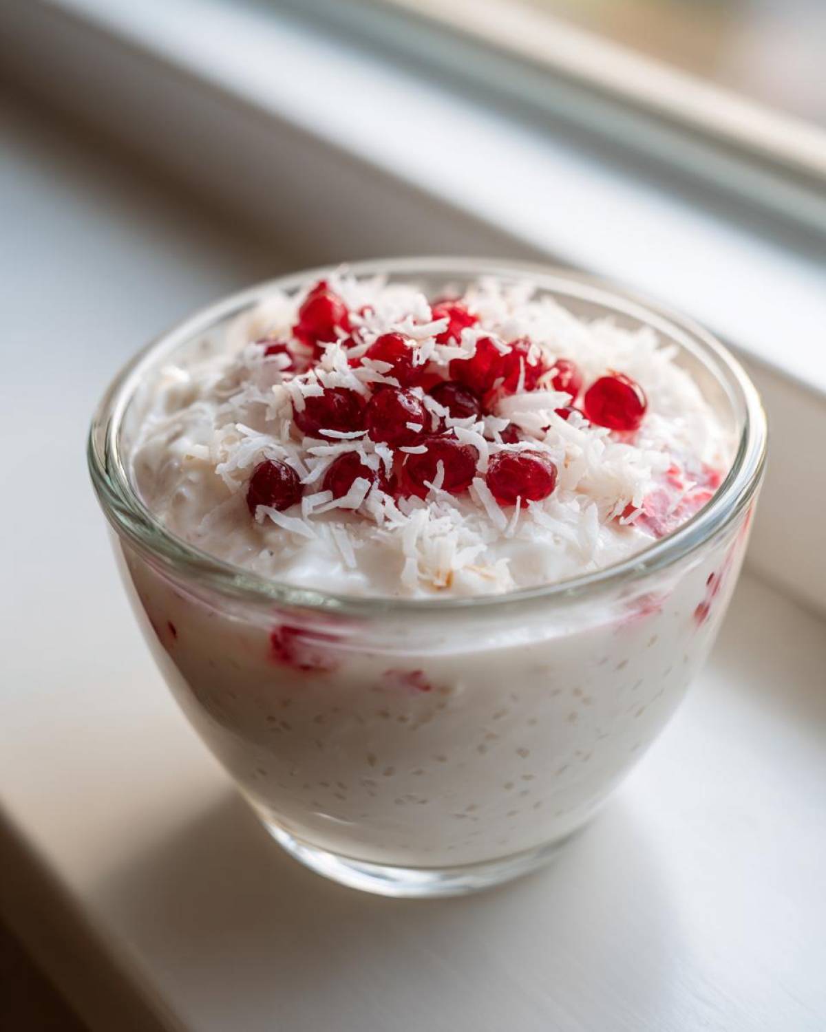 A glass bowl of creamy coconut chia pudding topped with shredded coconut and bright red berries.