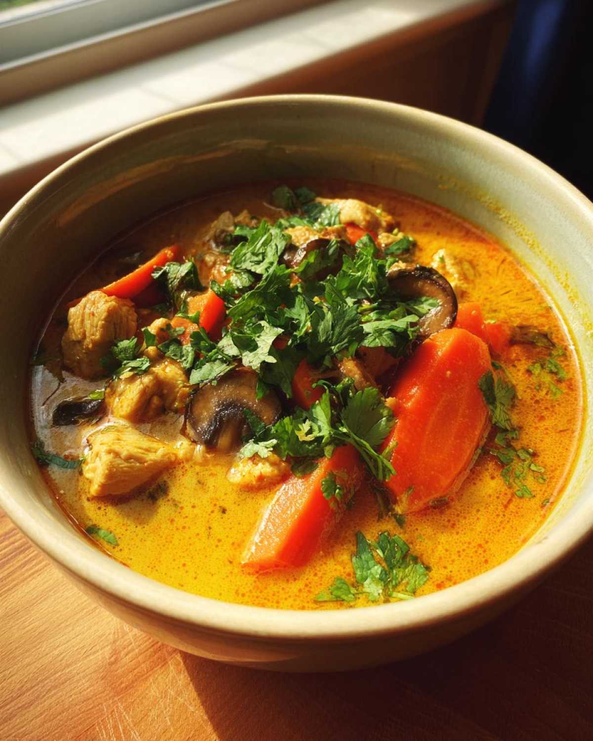 Close-up of a vibrant bowl of coconut curry soup featuring chunks of chicken, bright orange carrots, mushrooms, and fresh cilantro.