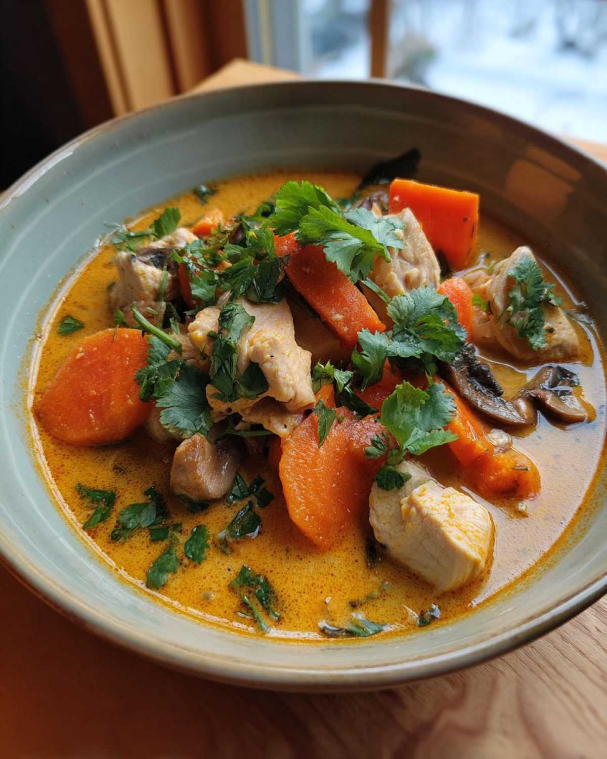 Close-up of a bowl of rich, orange coconut curry soup featuring chunks of chicken, bright orange carrots, mushrooms, and fresh cilantro garnish.