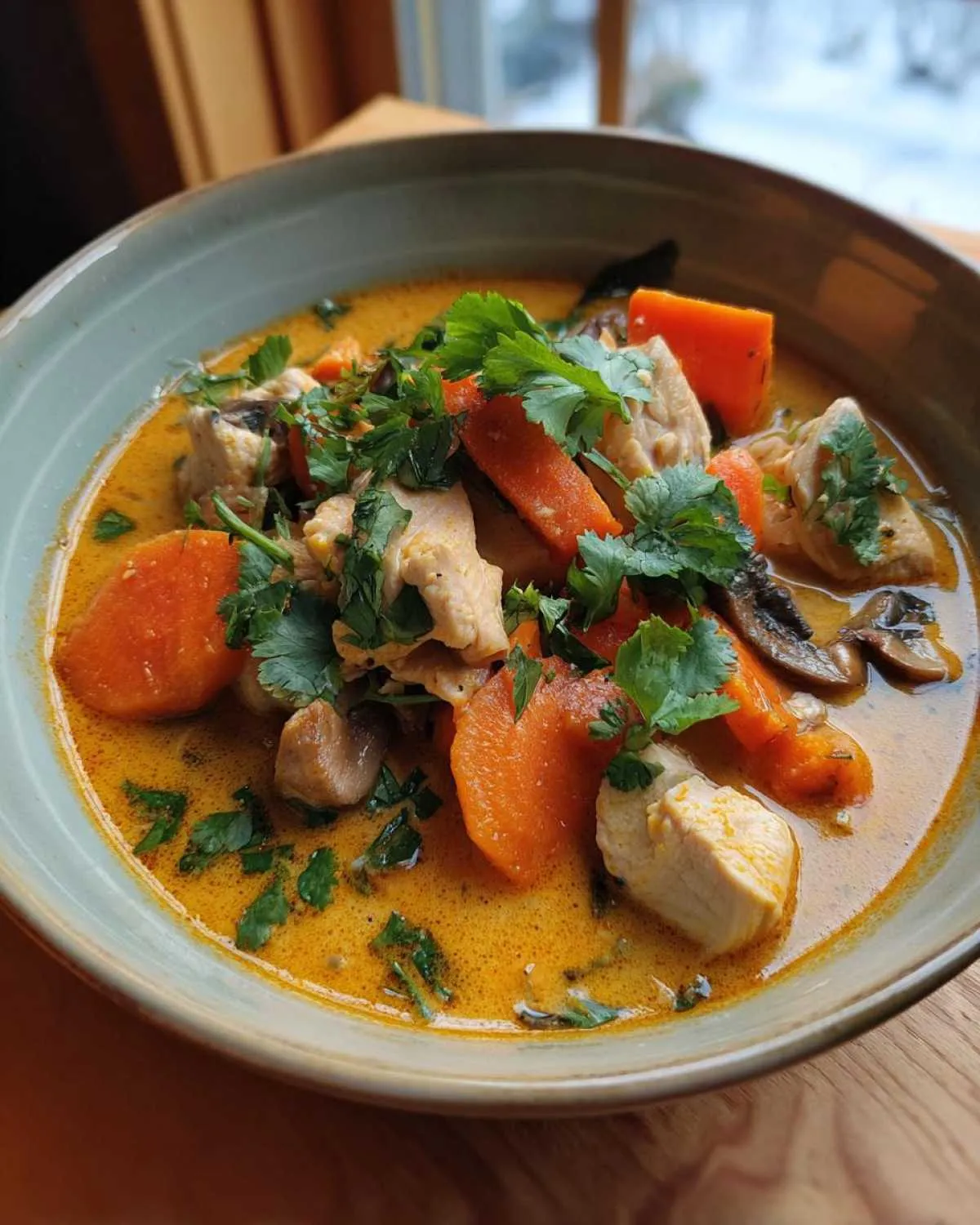 Close-up of a bowl of rich, orange coconut curry soup featuring chunks of chicken, bright orange carrots, mushrooms, and fresh cilantro garnish.