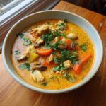 A close-up of a bowl of vibrant, creamy coconut curry soup filled with chicken, carrots, mushrooms, and fresh cilantro.
