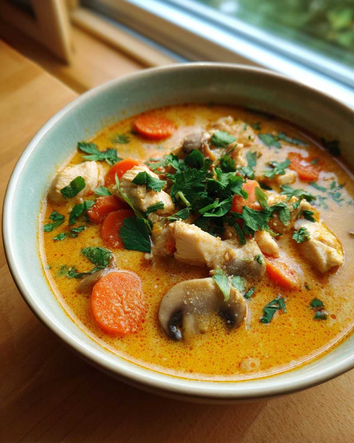 Close-up of a creamy, orange-hued coconut curry soup filled with chunks of chicken, sliced carrots, mushrooms, and fresh parsley.