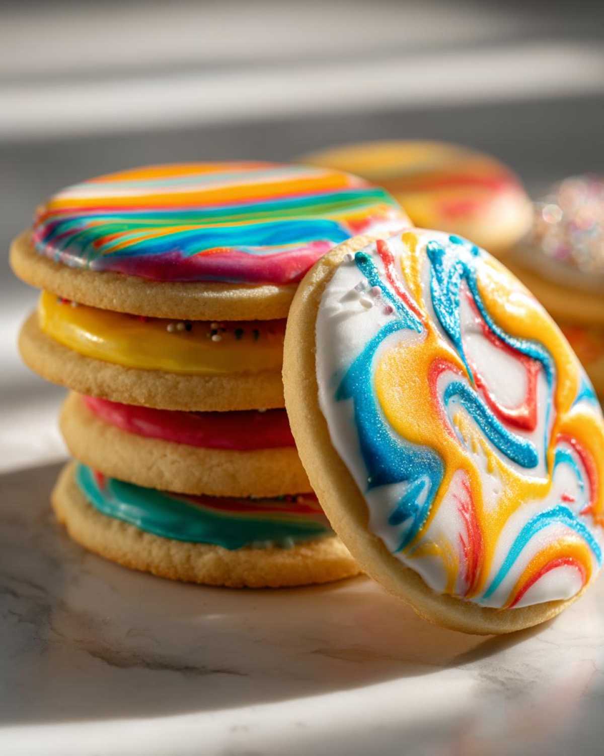 Close-up of stacked sugar cookies featuring vibrant, marbled cookie icing that appears glossy and set.