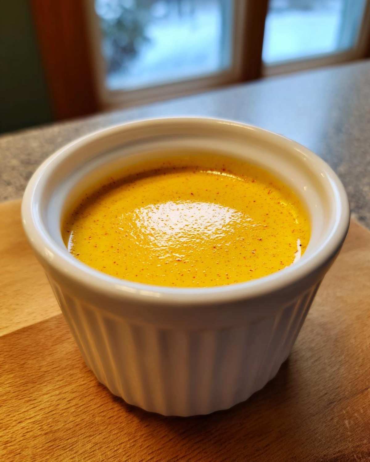 A close-up of bright yellow cottage cheese queso, speckled with red spices, served in a white ramekin on a wooden board.