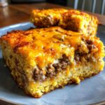Close-up of a square slice of cowboy cornbread casserole layered with ground meat and topped with melted cheddar cheese.