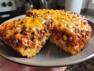 A close-up of a thick slice of cowboy cornbread casserole topped with savory ground meat and melted cheddar cheese.