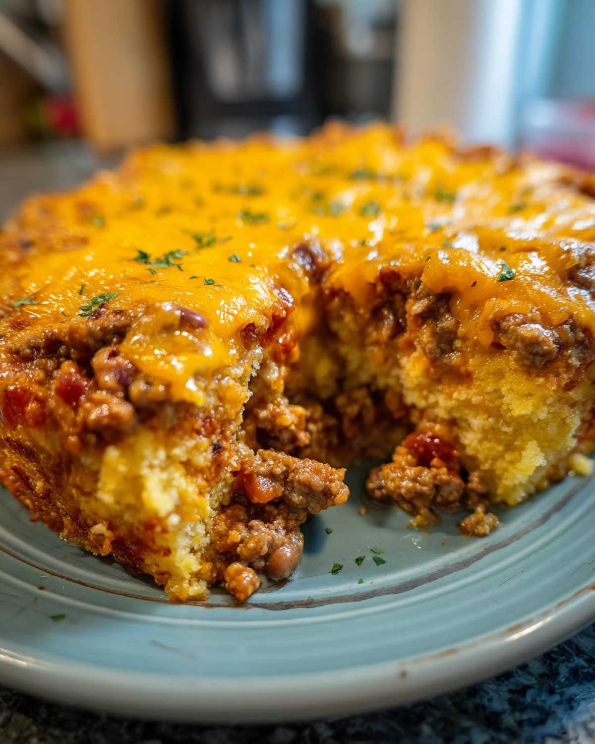 Close-up of a slice removed from a Cowboy Cornbread Casserole topped with melted cheddar cheese and parsley.