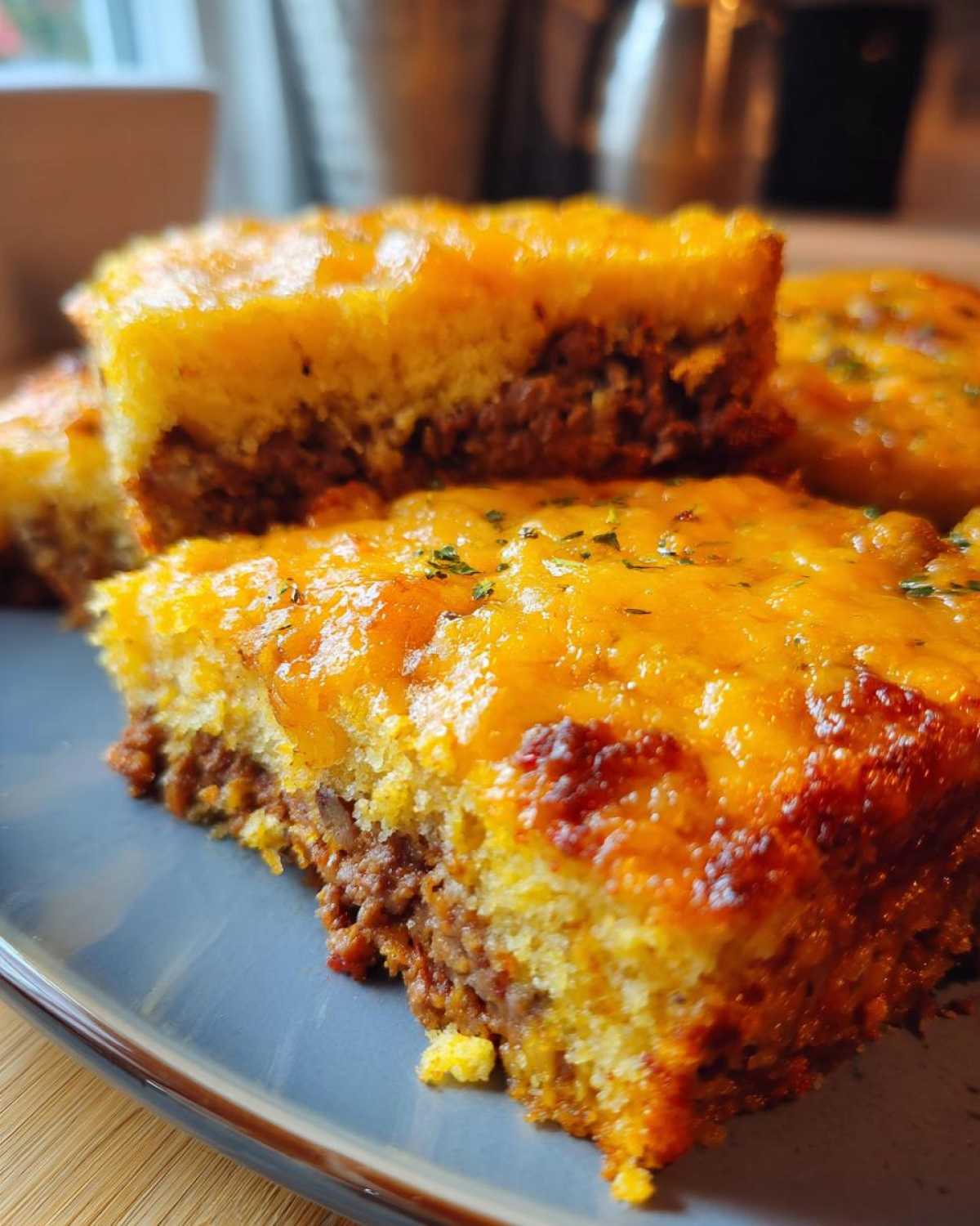 Close-up of layered cowboy cornbread casserole squares showing cornbread, seasoned meat, and melted cheddar cheese topping.