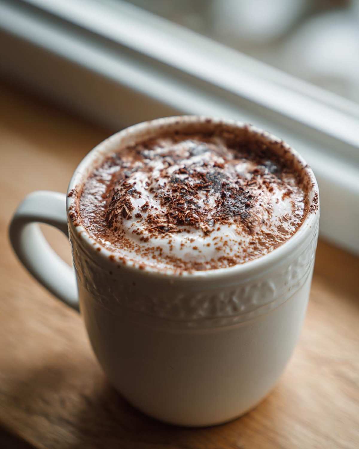 Close-up of a creamy, rich hot chocolate topped with whipped cream and chocolate shavings.