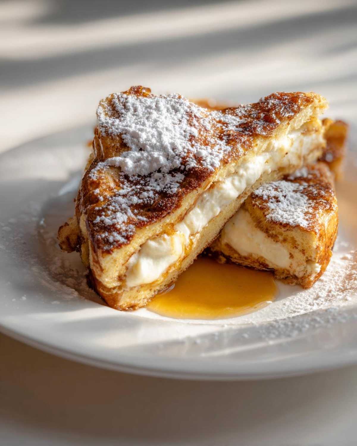 Two halves of cream cheese stuffed french toast, dusted with powdered sugar and drizzled with syrup.