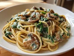 A close-up shot of a white bowl filled with creamy mushroom pasta, featuring spaghetti, sautéed mushrooms, and wilted spinach.