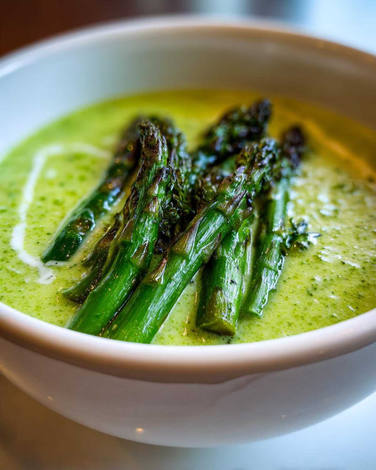 Close-up of vibrant green asparagus soup topped with roasted asparagus spears and a swirl of cream.