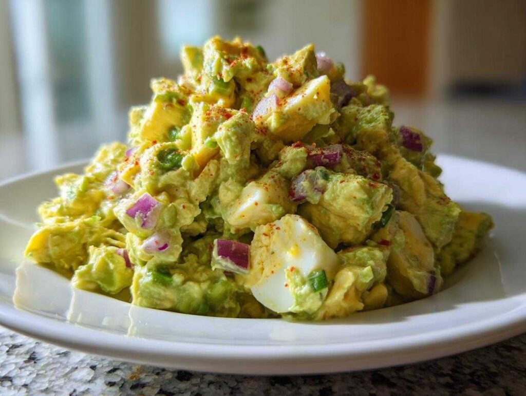 A mound of chunky avocado egg salad mixed with red onion and topped with paprika, served on a white plate.