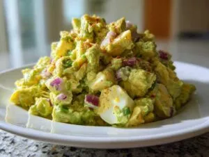 A mound of chunky avocado egg salad mixed with red onion and topped with paprika, served on a white plate.