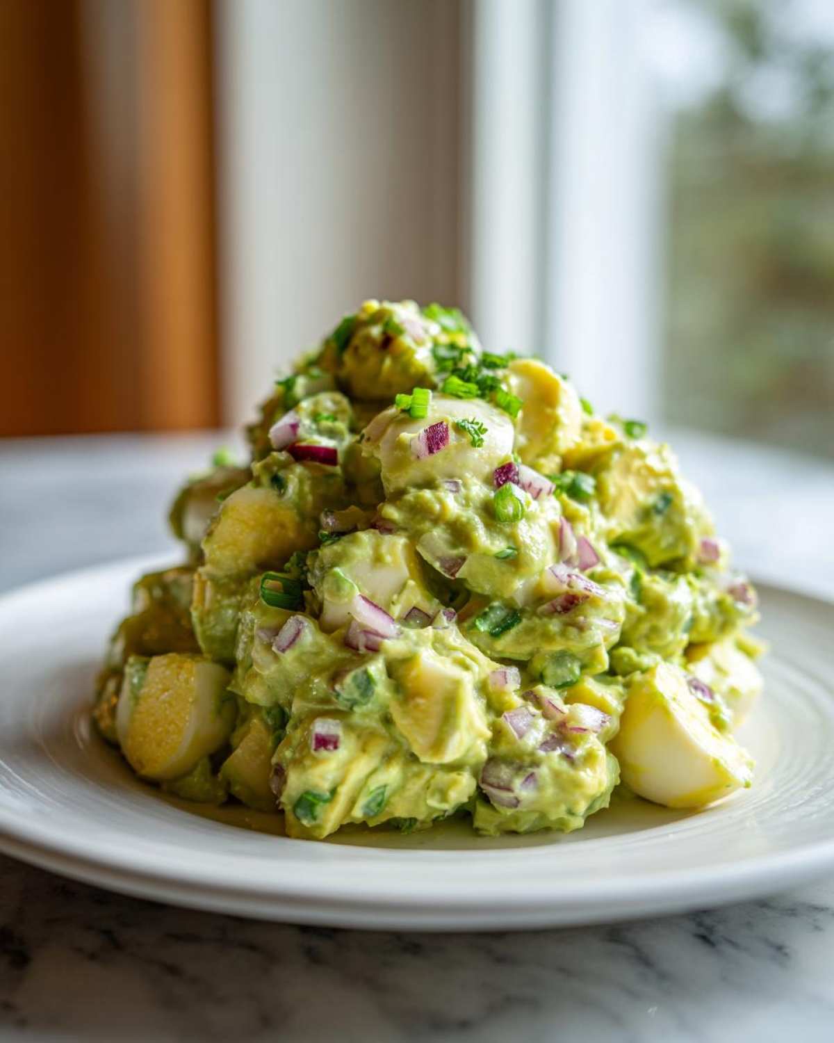 A generous serving of creamy avocado egg salad mixed with chunks of hard-boiled egg and red onion, garnished with chives.