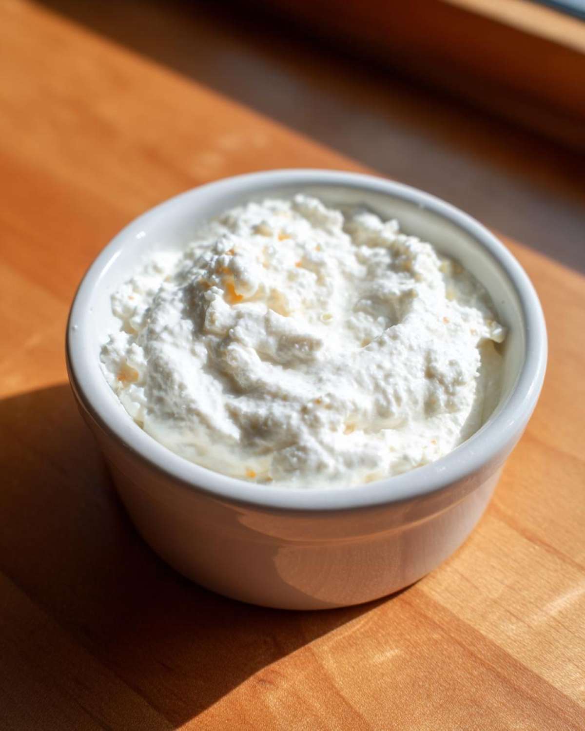 Close-up of a white bowl filled with a creamy white base ingredient for the garlic sauce.