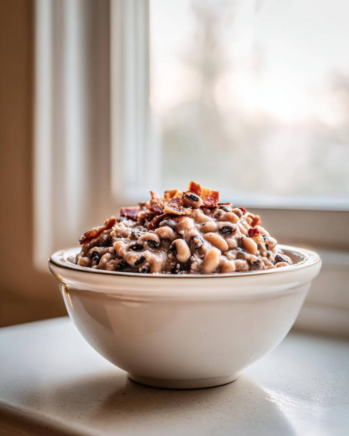 A close-up of a white bowl filled with creamy black eyed peas, topped with crispy bacon pieces.