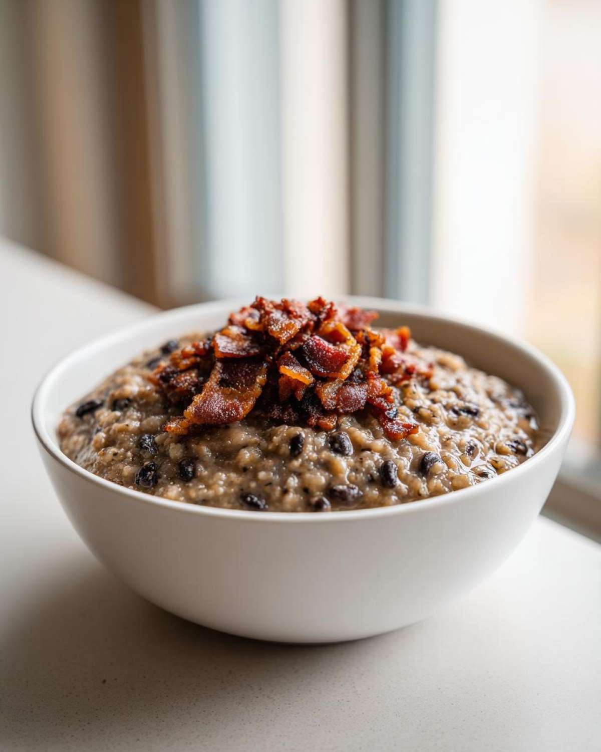 A white bowl filled with creamy black eyed peas topped generously with crumbled, crispy bacon.