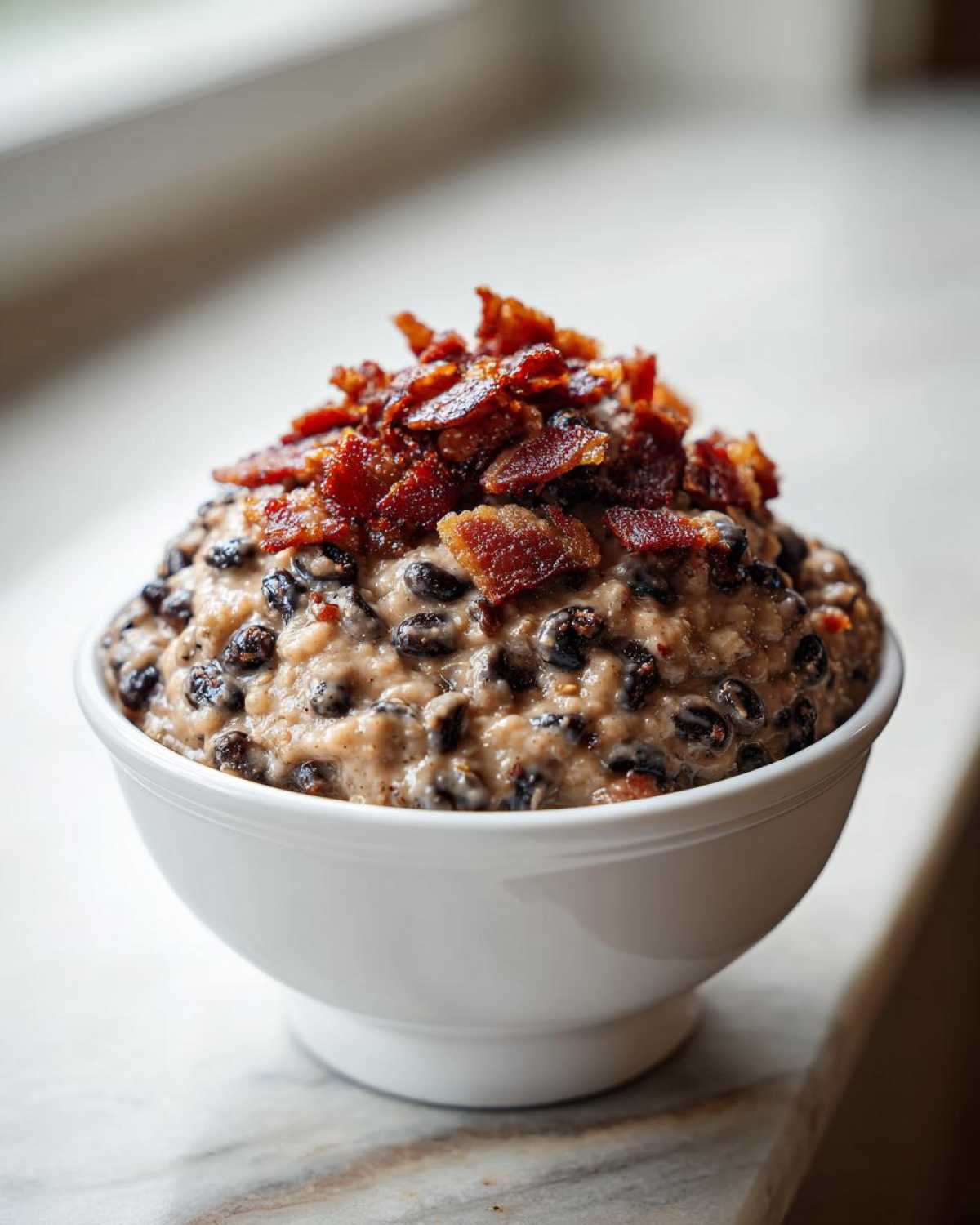 A white bowl filled with creamy black eyed peas topped generously with crispy bacon pieces.