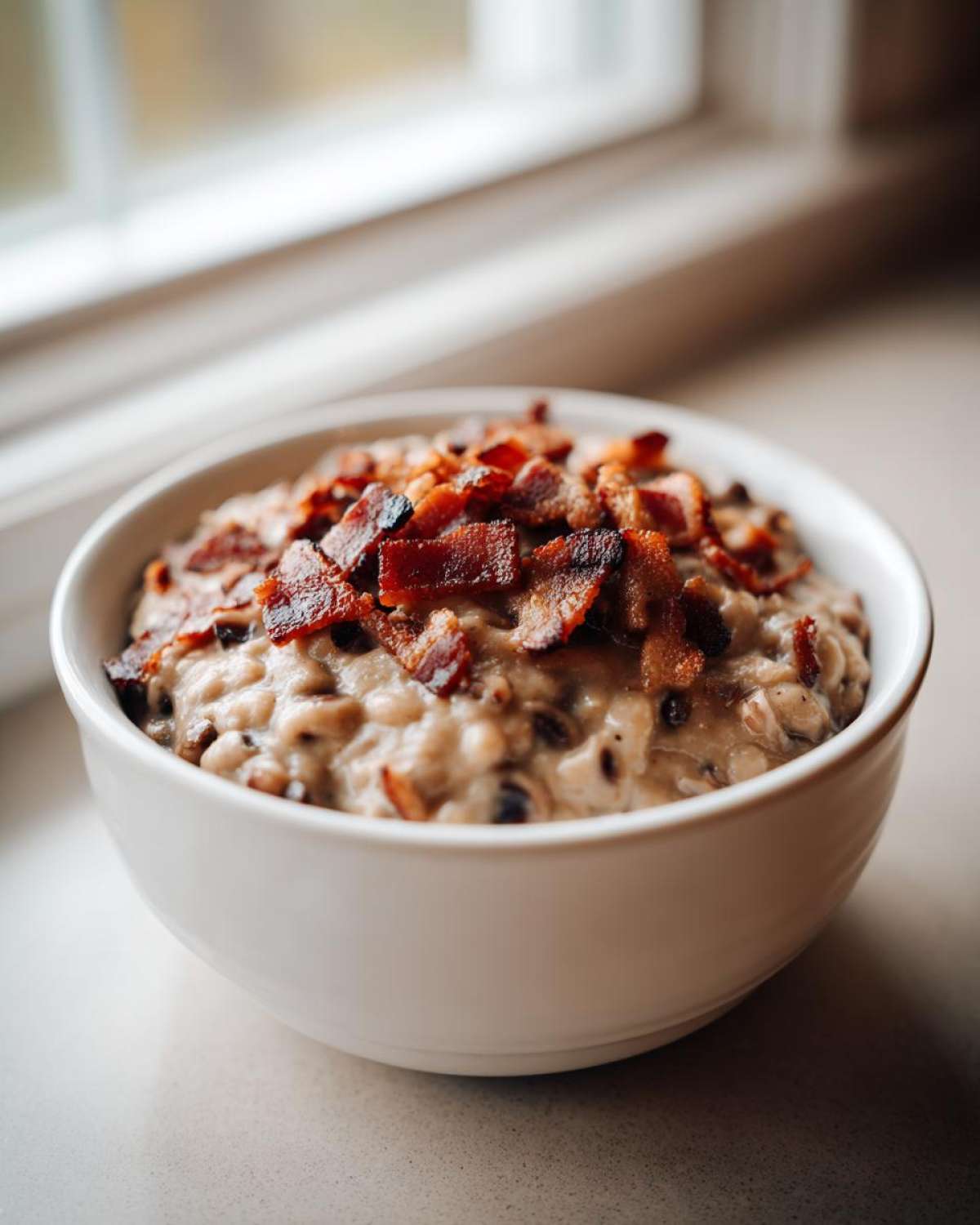 A white bowl filled with creamy black eyed peas topped generously with crumbled, crispy bacon pieces.