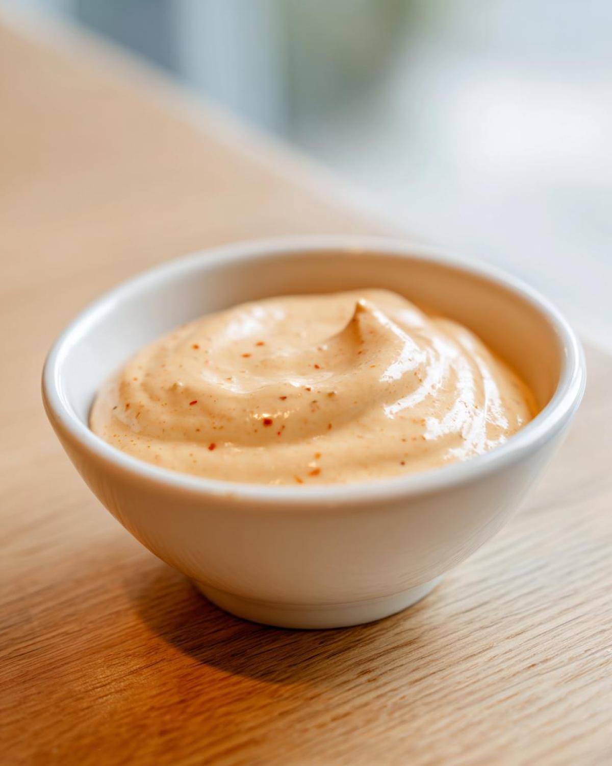 Close-up of a small white bowl filled with creamy, orange-tinted burger sauce sprinkled with red spices.