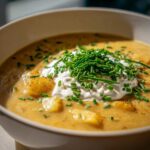 Close-up of a bowl of thick, creamy cheese soup garnished with sour cream and fresh chopped chives.