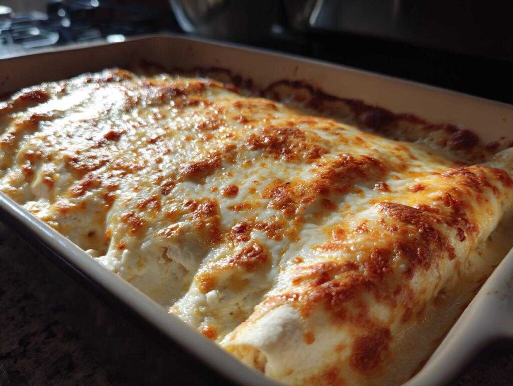 Close-up of freshly baked chicken enchiladas covered in melted, bubbly white cheese sauce.