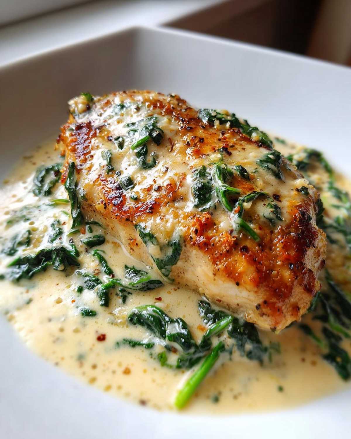 Close-up of a perfectly seared chicken breast smothered in creamy sauce and spinach for chicken florentine.
