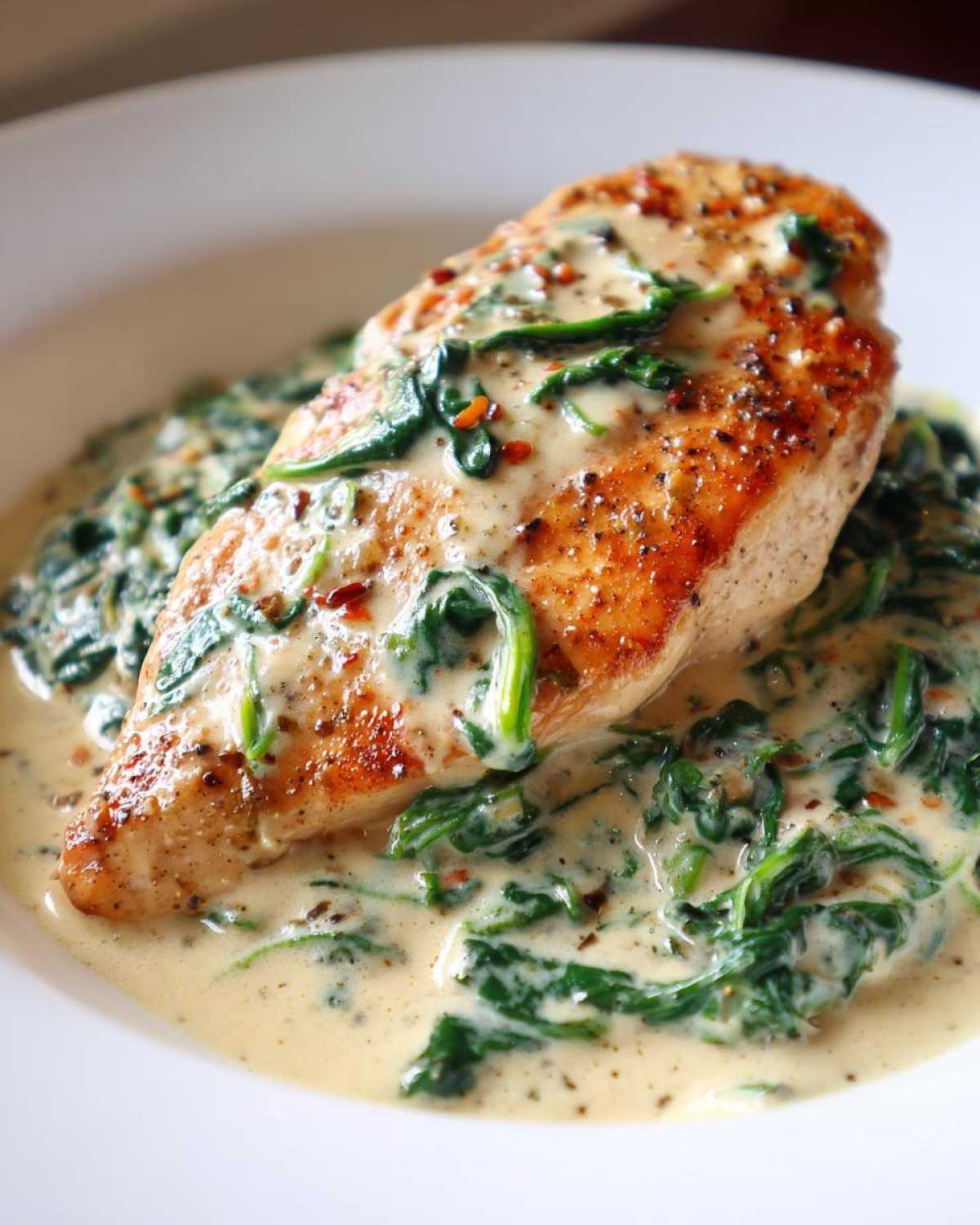 A close-up of a pan-seared chicken breast served over creamy spinach, the signature chicken florentine dish.