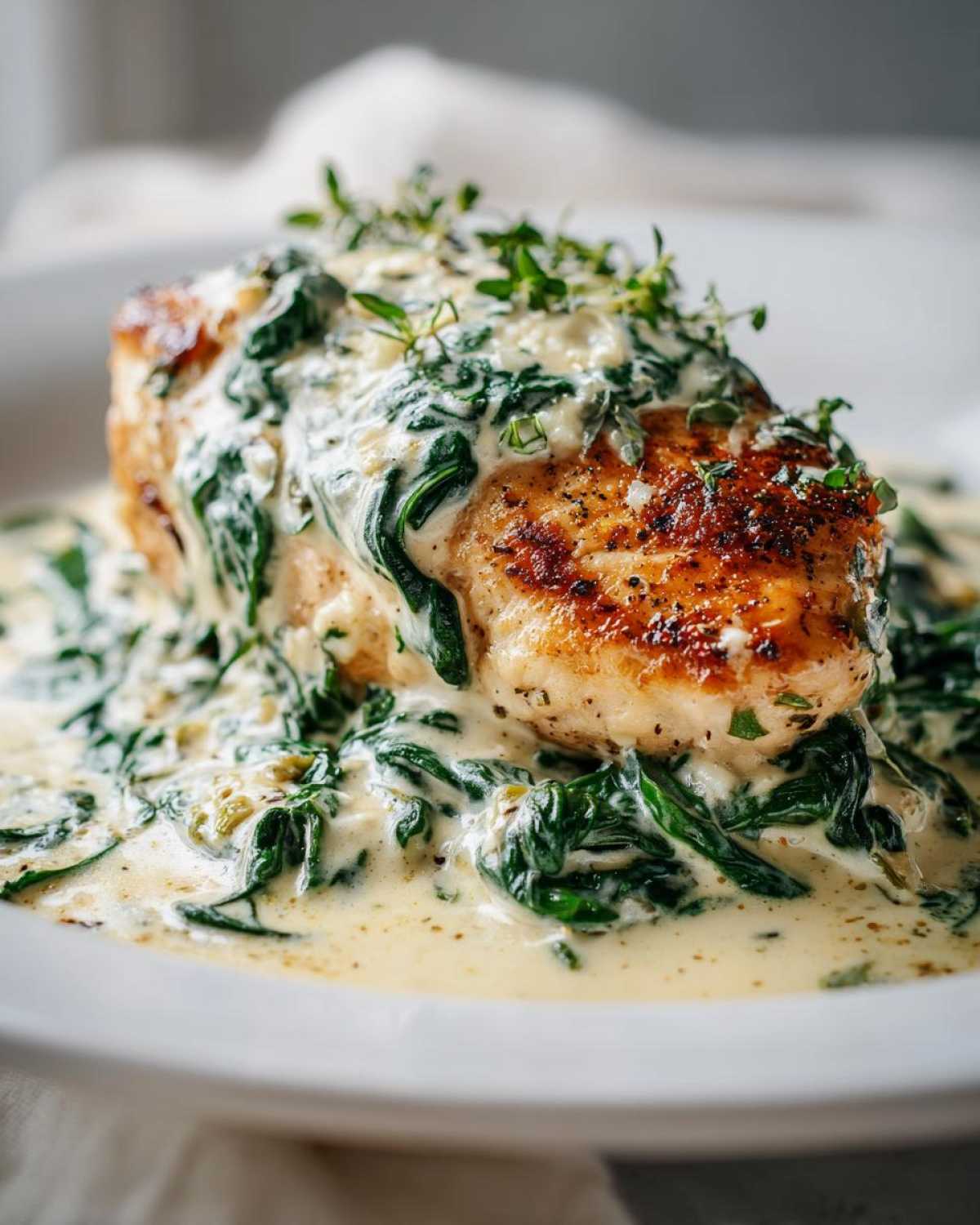 A perfectly seared chicken breast smothered in creamy spinach sauce, the signature Chicken Florentine dish.