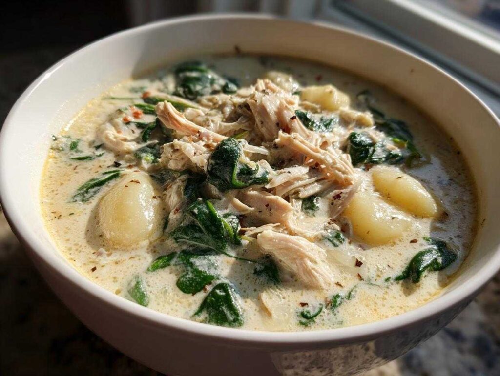 Close-up of a hearty bowl of creamy chicken gnocchi soup with wilted spinach and red pepper flakes.