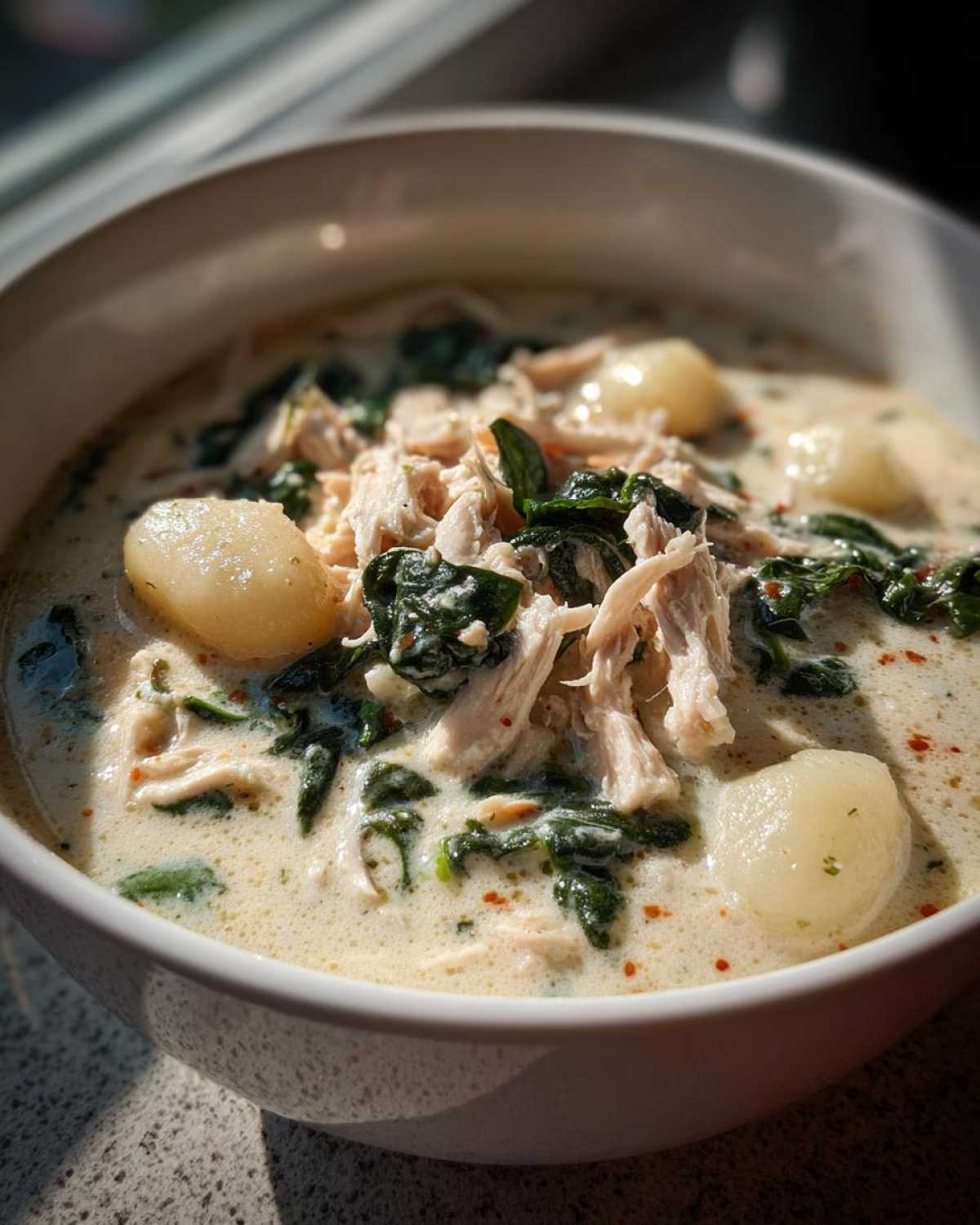 Close-up of a creamy chicken gnocchi soup bowl, featuring shredded chicken, wilted spinach, and soft potato gnocchi.