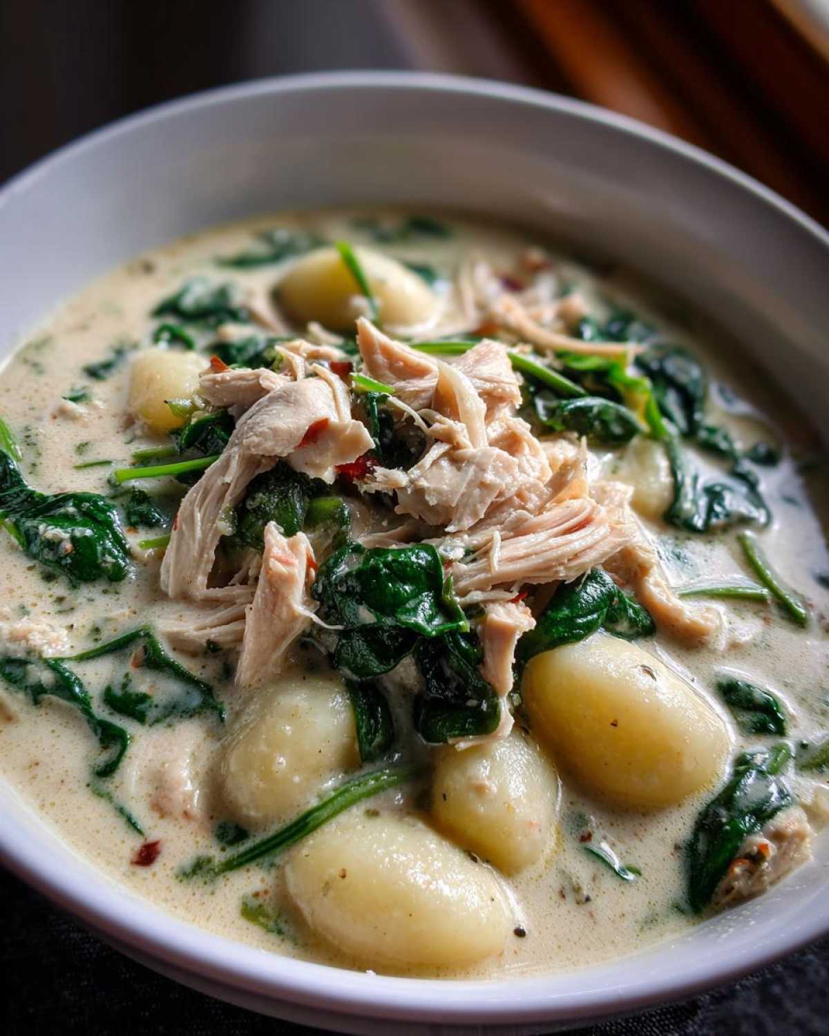 Close-up of a bowl of creamy chicken gnocchi soup, featuring soft gnocchi, shredded chicken, and wilted spinach.