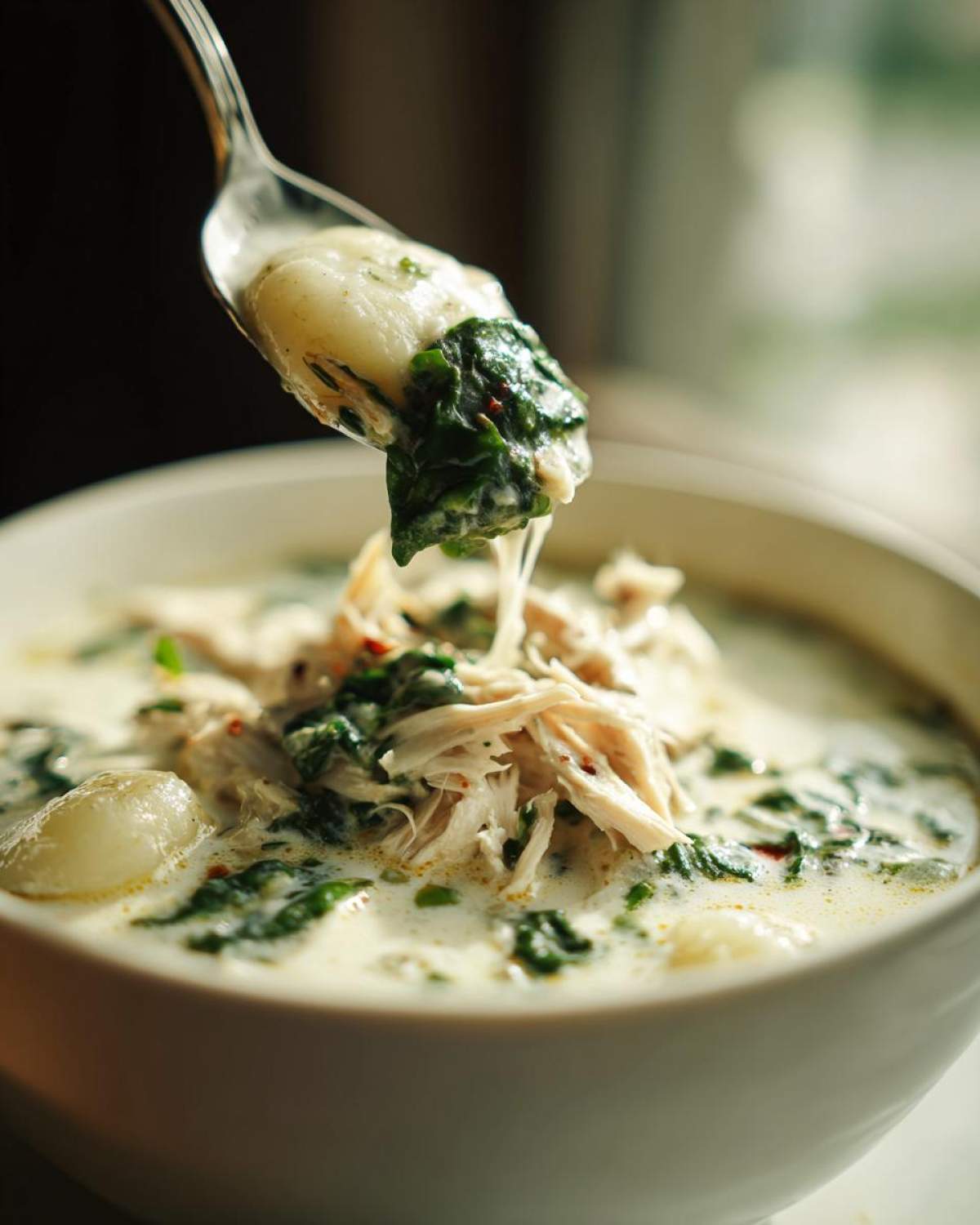 A spoonful of creamy chicken gnocchi soup, featuring a potato gnocchi and spinach, lifted from a white bowl.
