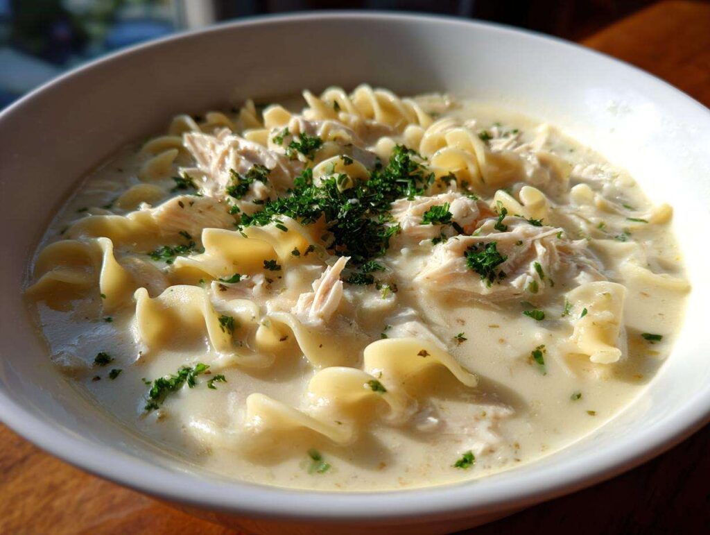 Close-up of a bowl of creamy chicken soup featuring shredded chicken, wide egg noodles, and fresh parsley garnish.