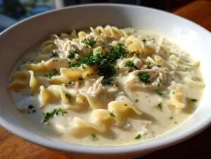 Close-up of a bowl of creamy chicken soup featuring shredded chicken, wide egg noodles, and fresh parsley garnish.