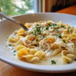 A bowl of creamy chicken soup featuring shredded chicken and wide egg noodles, garnished with parsley.