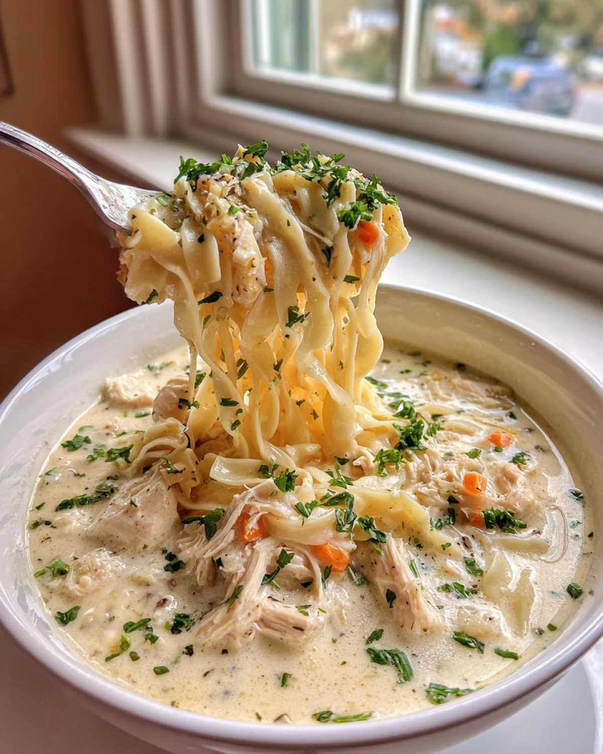 A fork lifting wide egg noodles and shredded chicken from a bowl of creamy chicken soup, garnished with parsley.